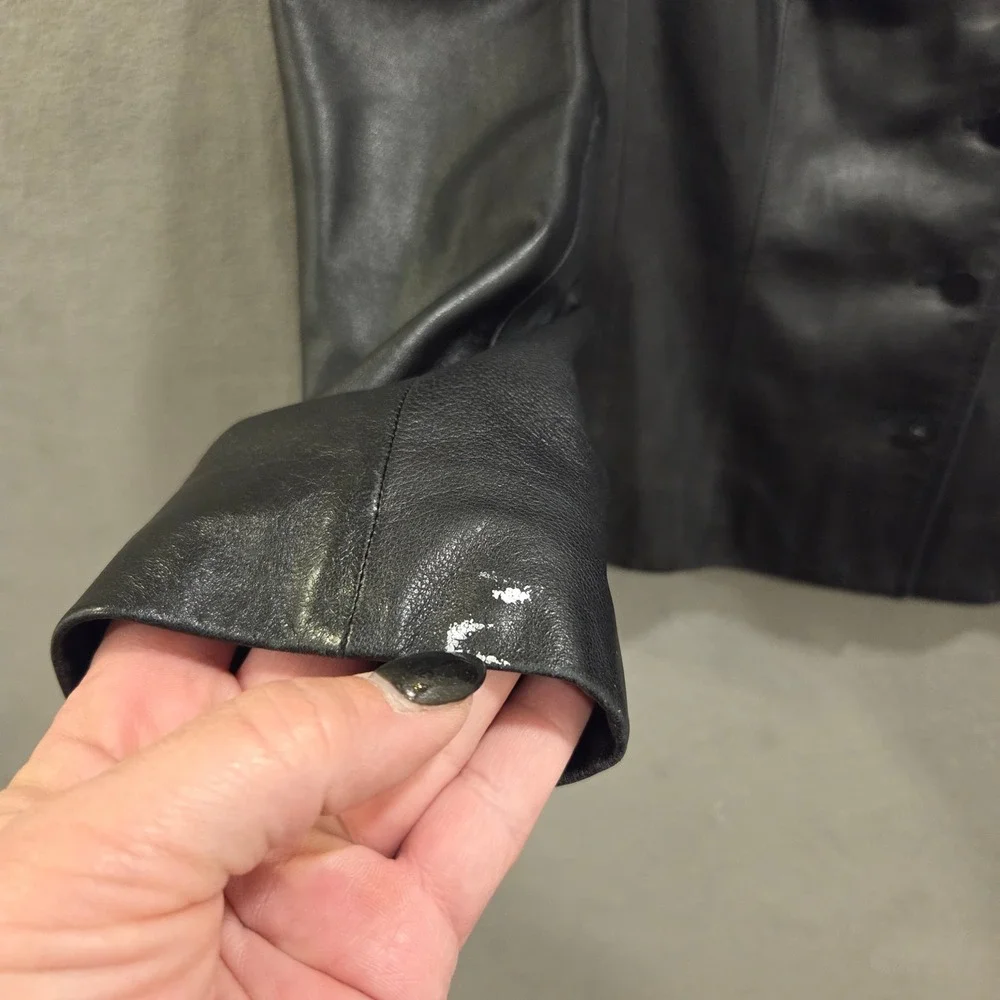Talbots Black Leather Button Front Blazer Jacket Women's Size 6P Office Classic